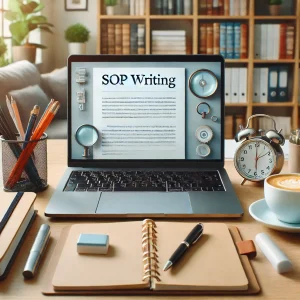 DALL·E 2025 02 18 13.03.43 A professional workspace with a laptop open to a document titled SOP Writing. The desk has neatly organized stationery a cup of coffee and a noteb